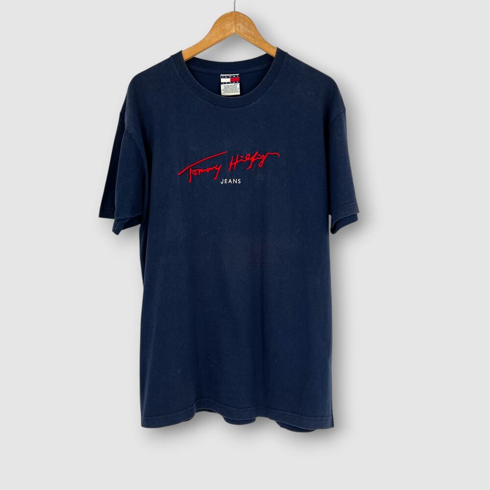 90s Vintage Tommy Hilfiger Jeans Embroidered Script Logo T-Shirt Navy Blue M